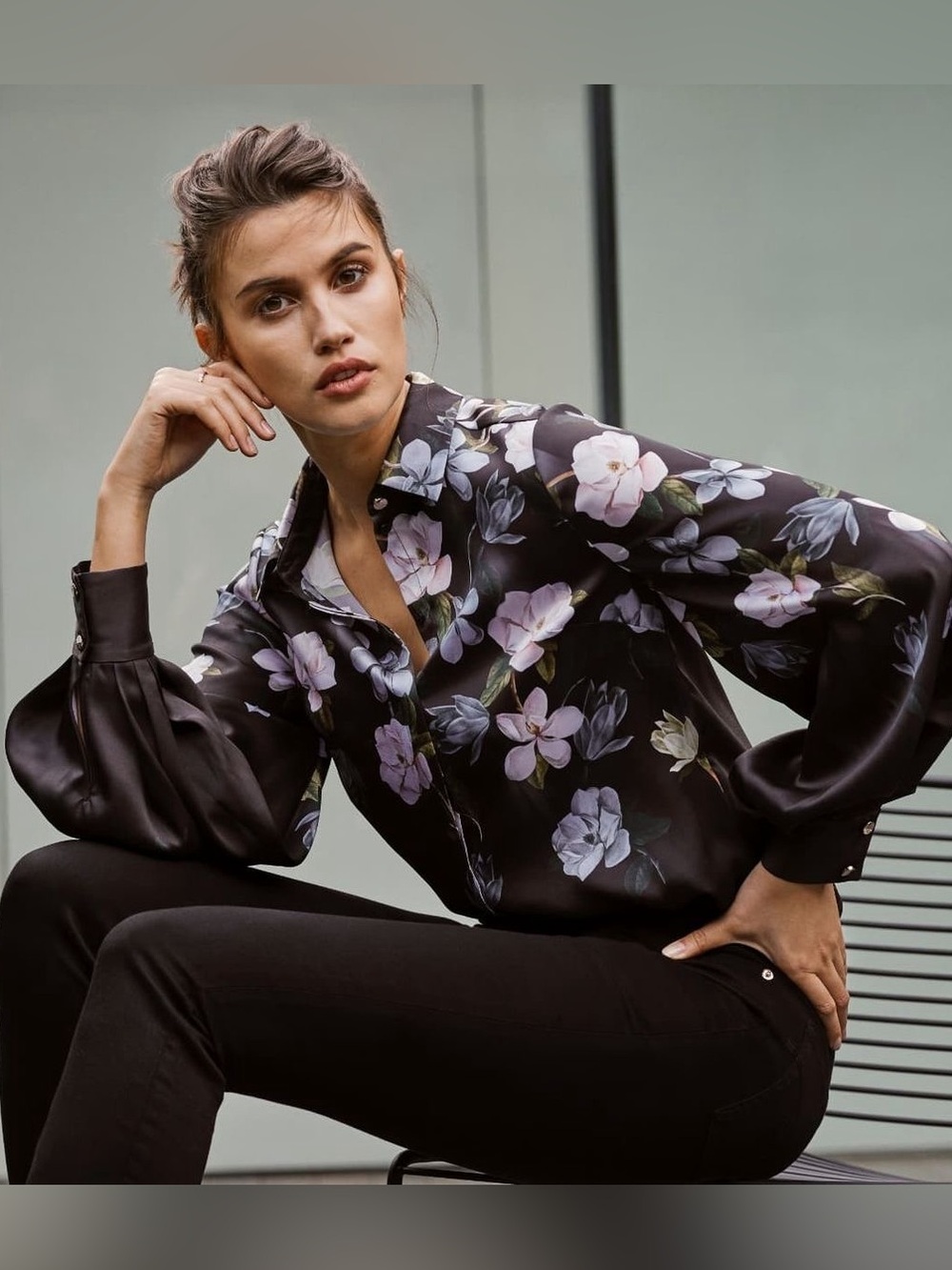 Ted Baker Black Satin Floral Button-Front Blouse